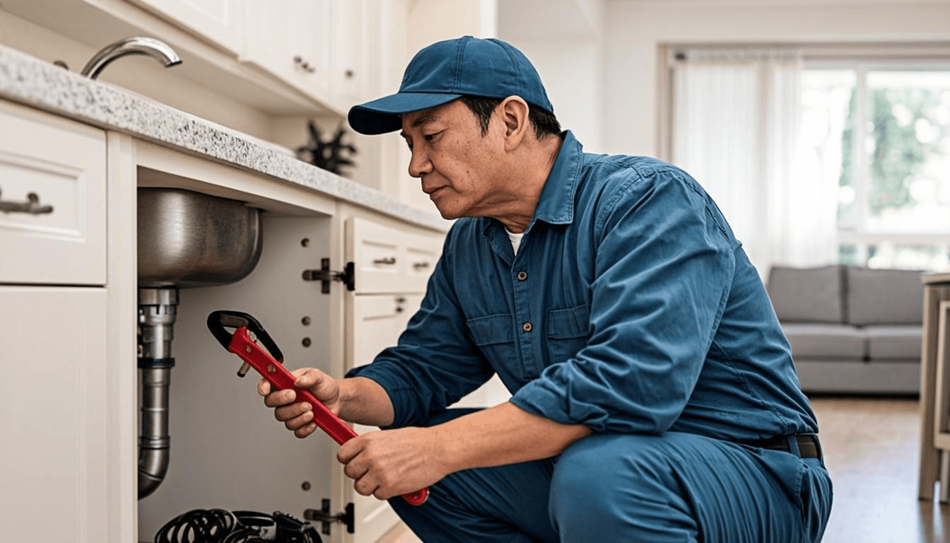 FlowRight plumber in teal uniform repairing pipes beneath a kitchen sink